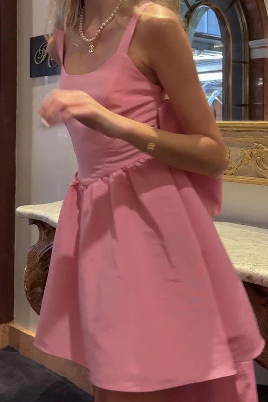 Classy Pink Straps A-Line Satin Big Bow Short Party Homecoming Dress