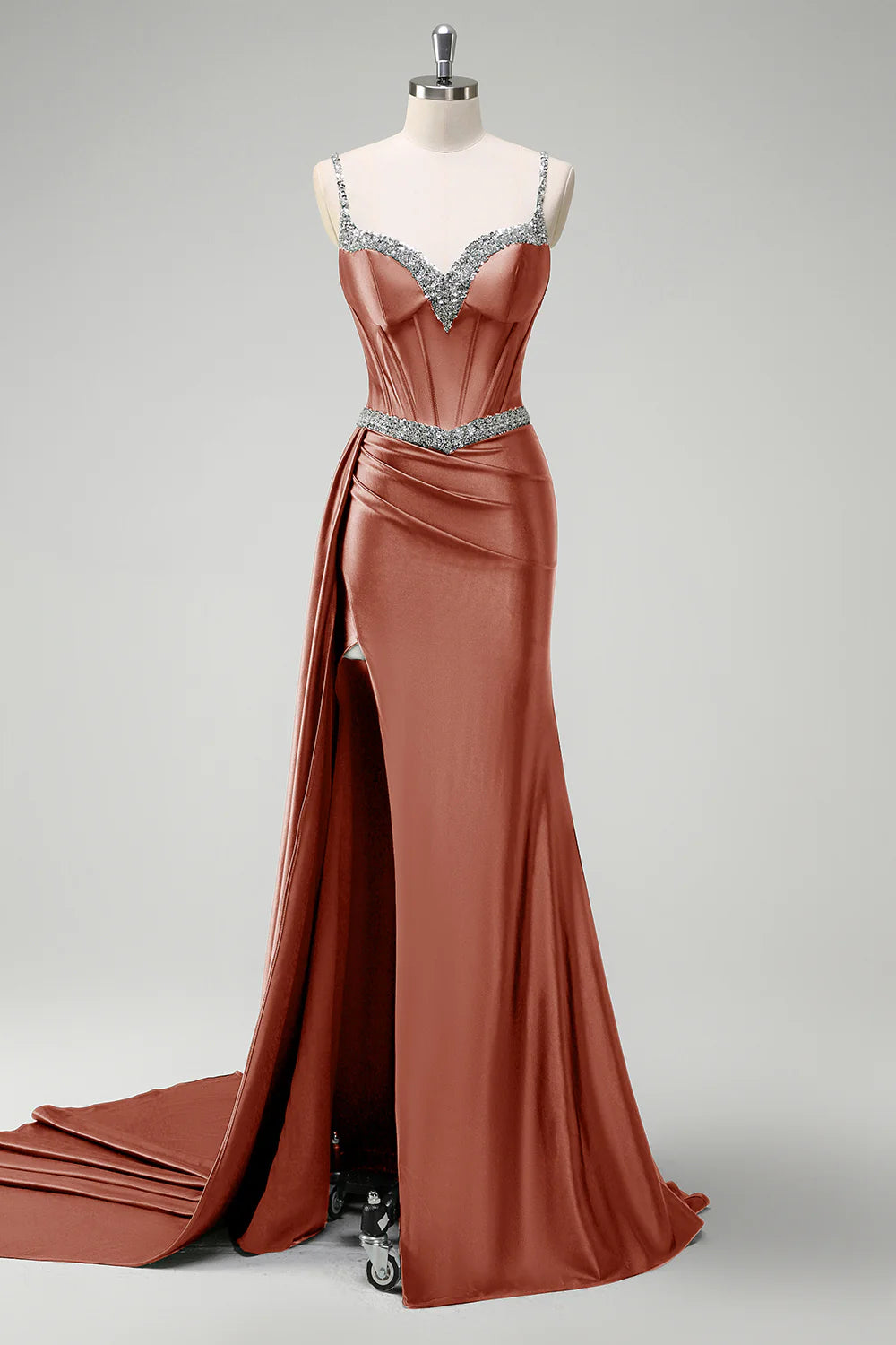 Mermaid fringe tight corset long ball dress with slit