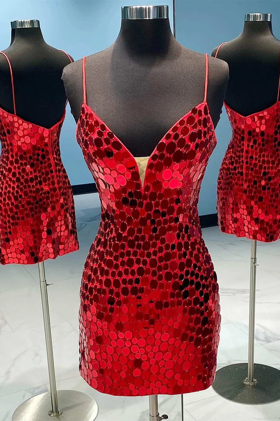Cut Glass Mirror V-Neck Straps Bodycon Mini Party Dress