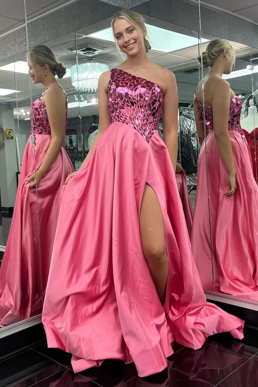 Cutting glass mirror single shoulder A-line long ball gown
