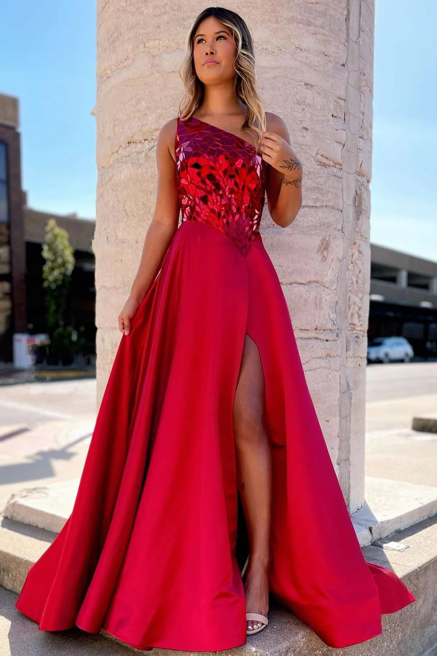 Cutting glass mirror single shoulder A-line long ball gown