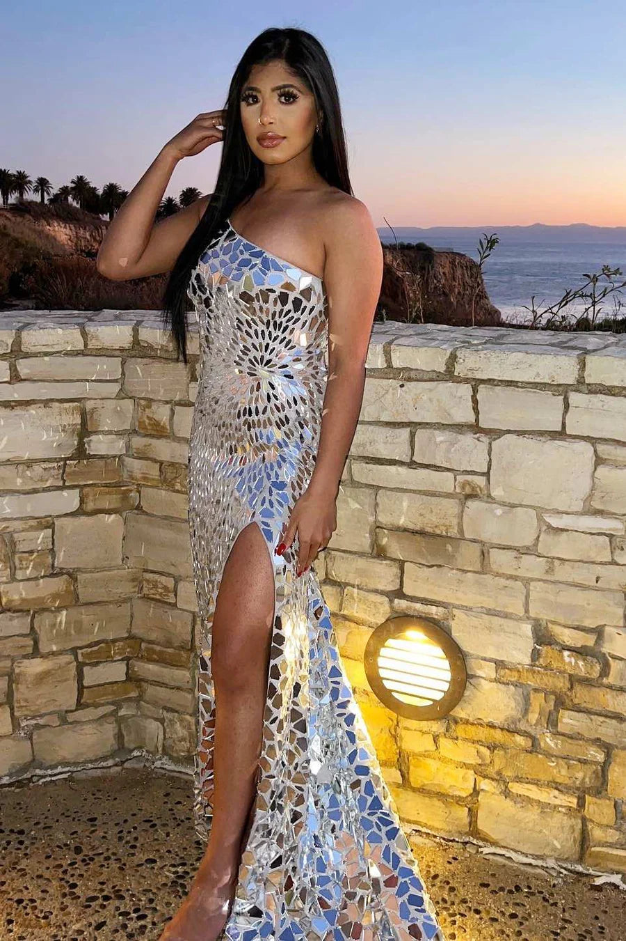 Cutting glass mirror single shoulder slit ball gown