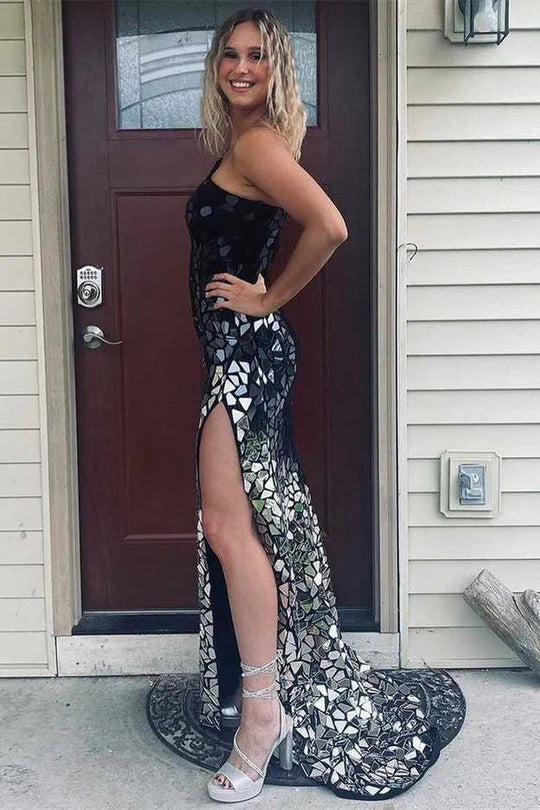 Cutting glass mirror single shoulder slit ball gown