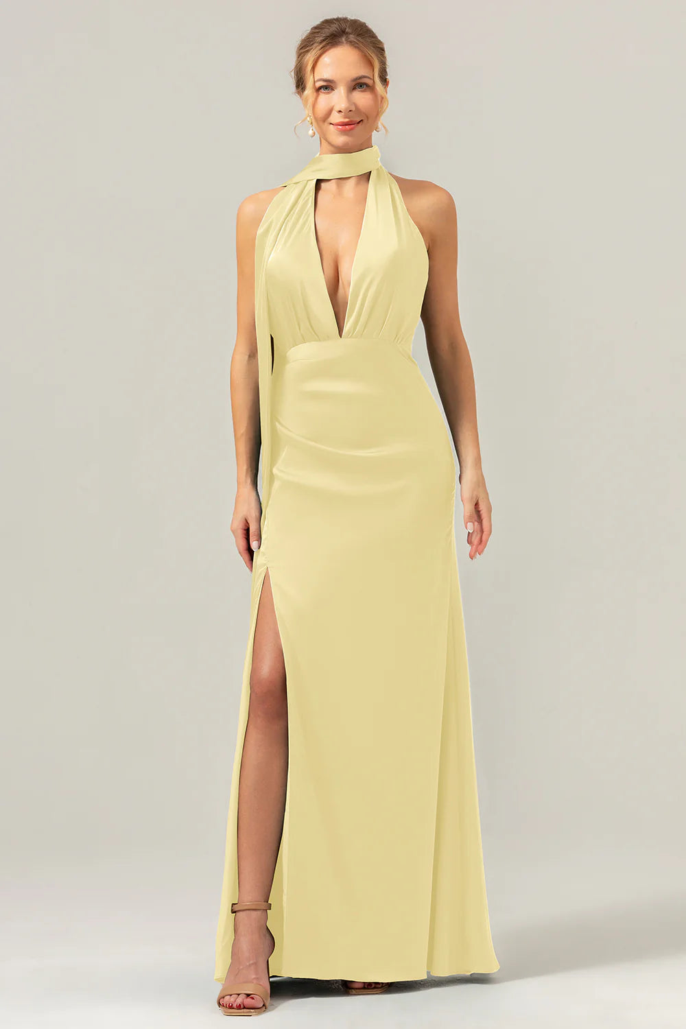 Deep V-neck backless long satin bridesmaid dress with tassels