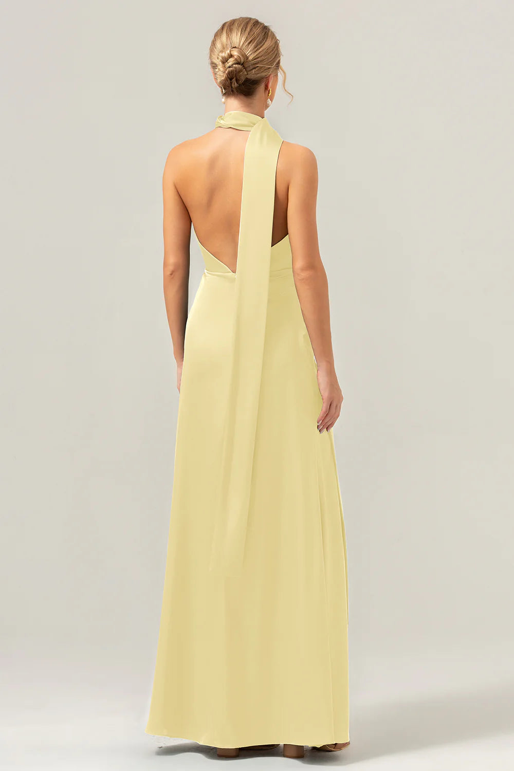 Deep V-neck backless long satin bridesmaid dress with tassels