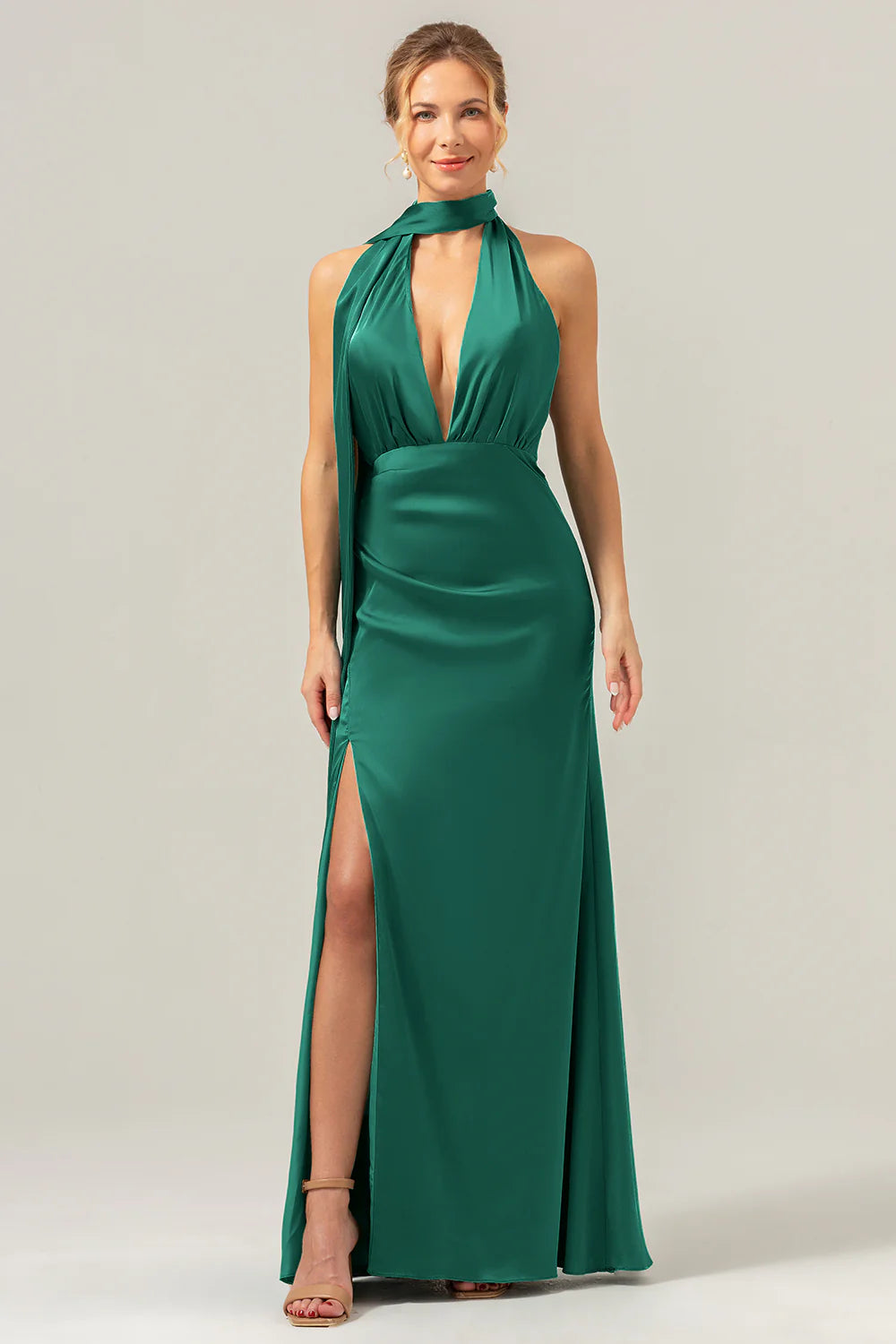 Deep V-neck backless long satin bridesmaid dress with tassels