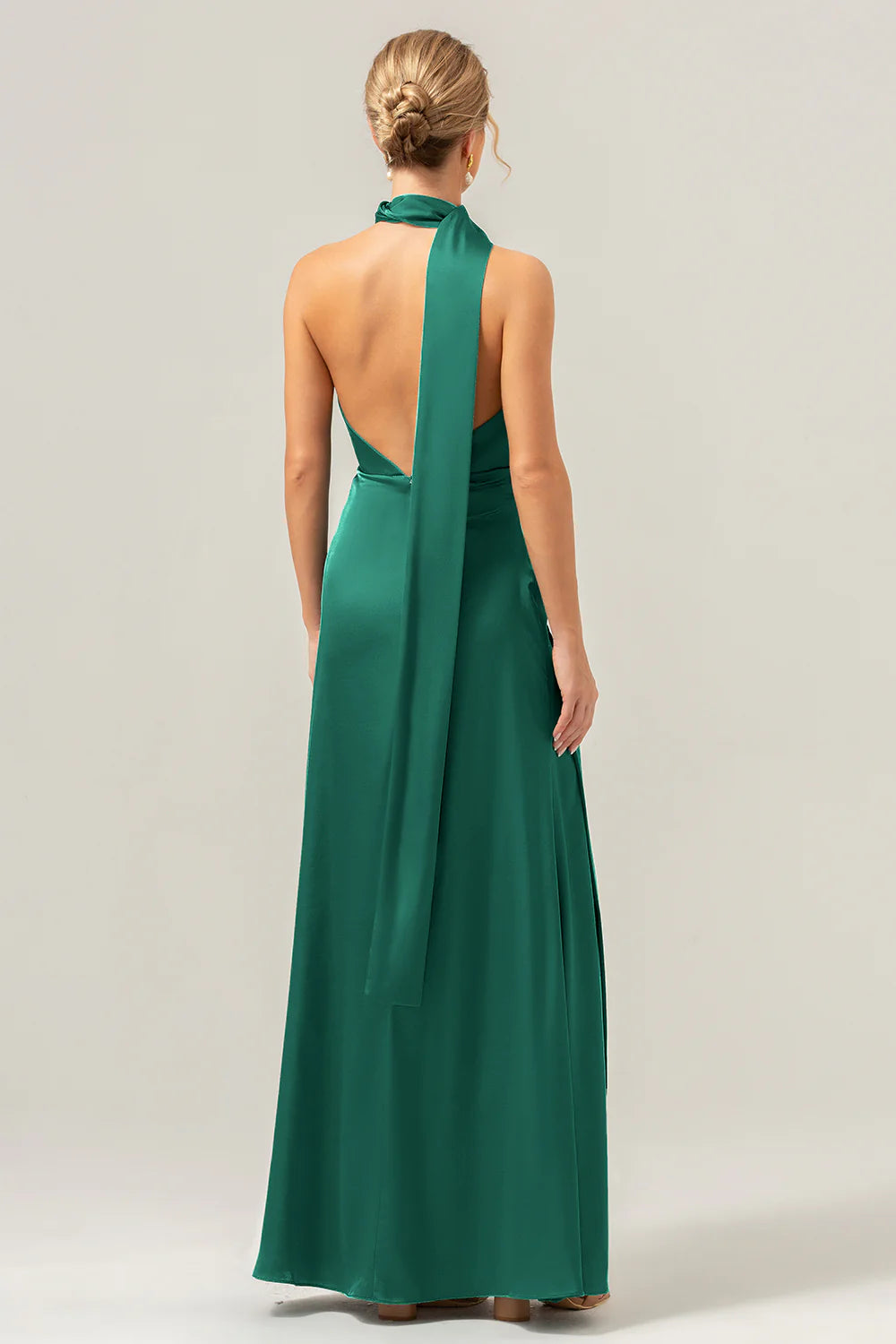 Deep V-neck backless long satin bridesmaid dress with tassels