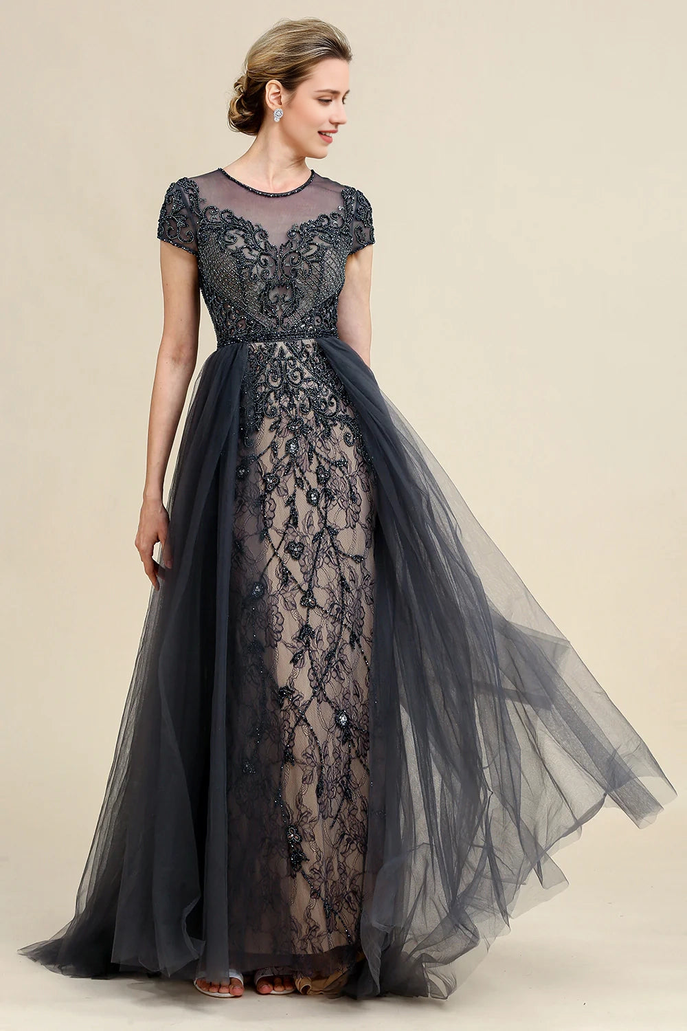 Dark Grey A Line Tulle Beaded Glitter Mother of Bride Dress