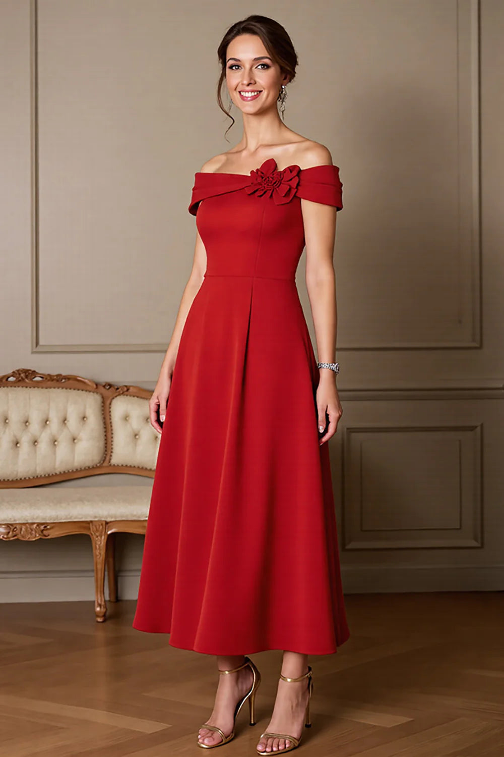 Dark Red A Line Off The Shoulder Long Mother Of The Bride Dress With 3D Flowers