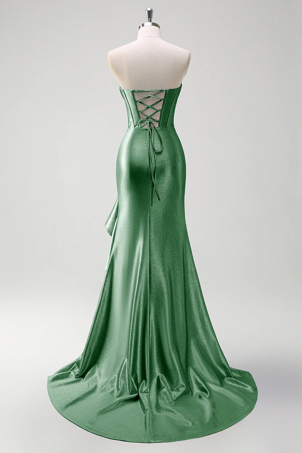 Sparkly Mermaid Strapless Corset Sequin Long Prom Dress with Ruffle Slit