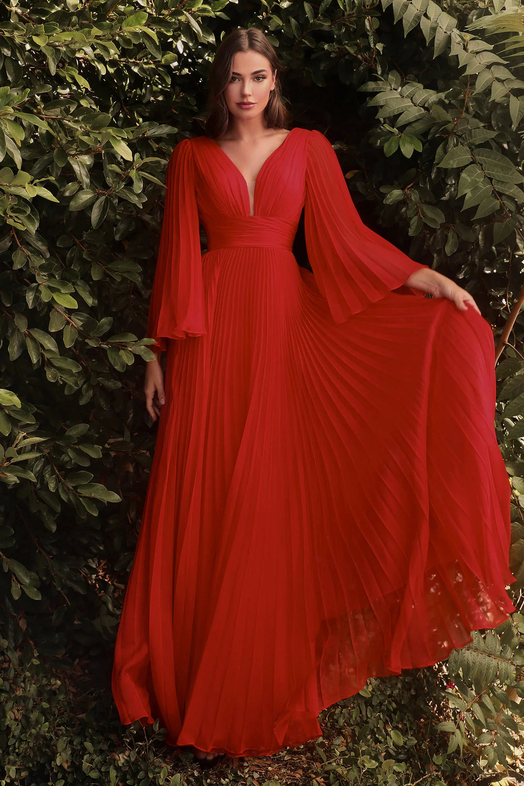 Deep V-fold long sleeved dress with waist cinching