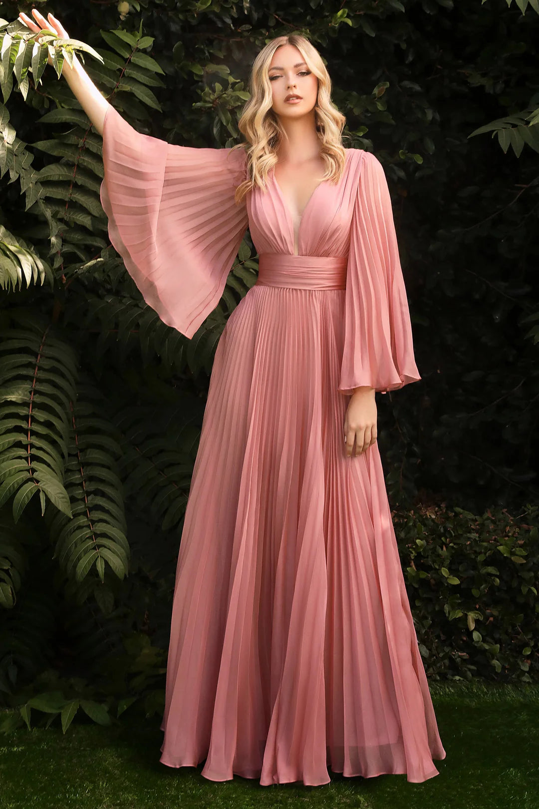 Deep V-fold long sleeved dress with waist cinching