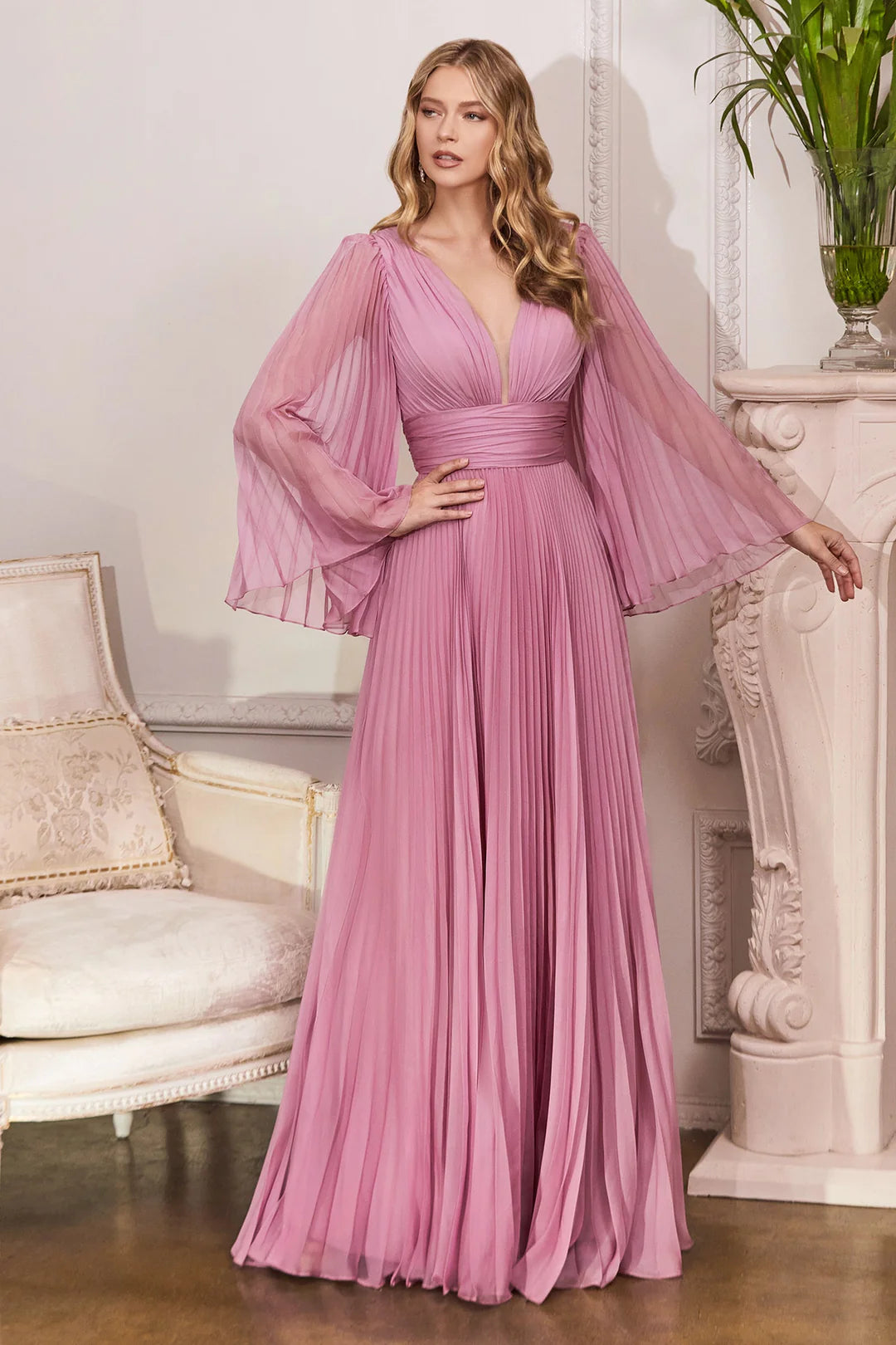 Deep V-fold long sleeved dress with waist cinching