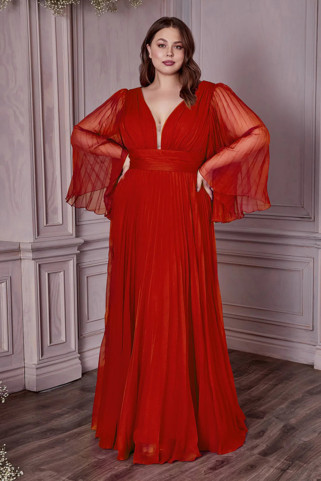 Deep V-fold long sleeved dress with waist cinching