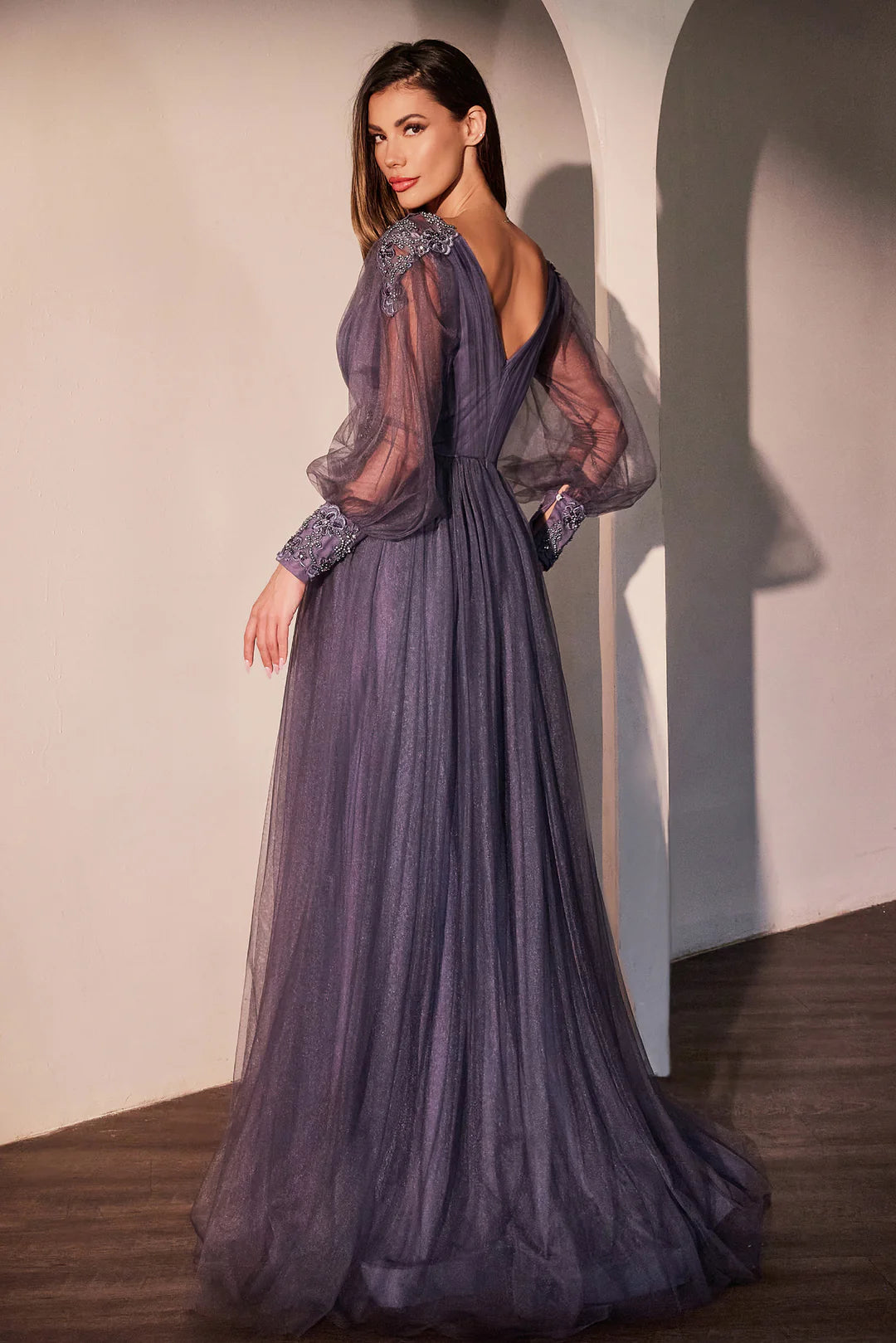 Deep V-neck chiffon long sleeved A-line dress
