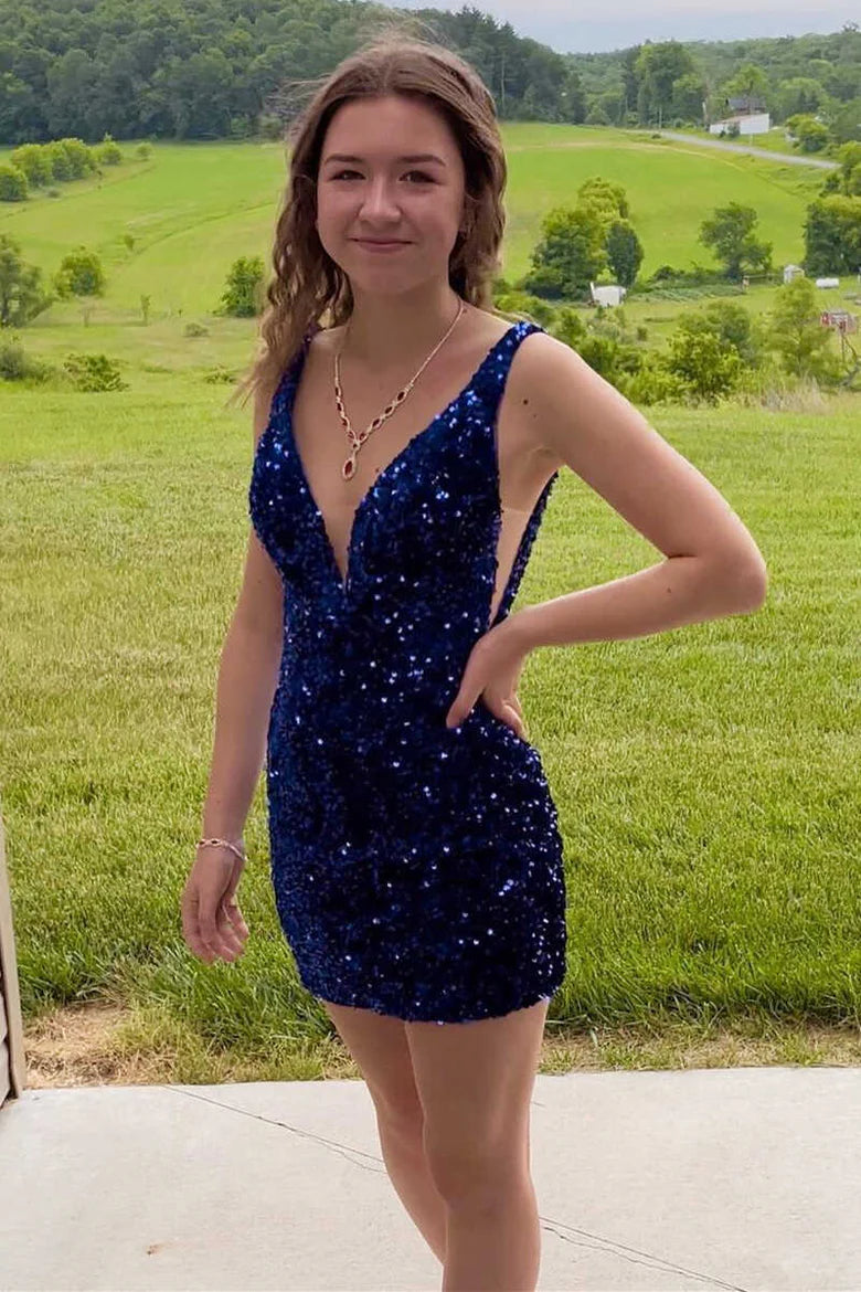 Deep V backless sequined mini back to school dress