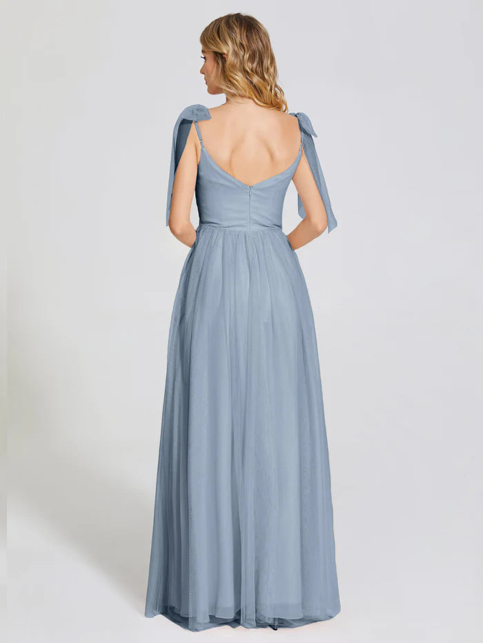 Dusty Blue Chiffon Detachable Bow-knot Straps Tulle Prom Dress Tied Shoulder Straps Sweetheart Neckline Flowy A - Line Skirt and Side Slit