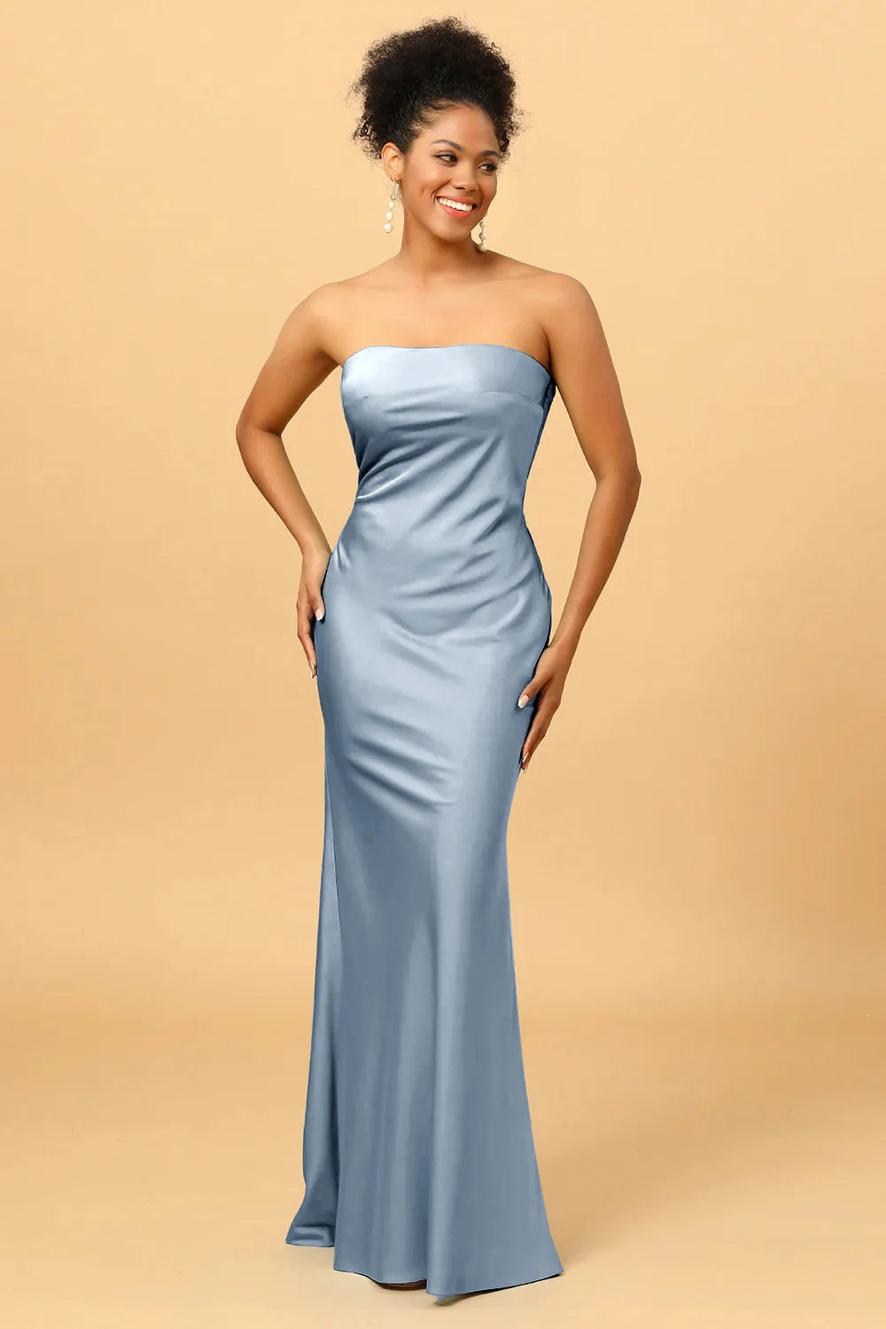 Mermaid Strapless Floor Length Satin Bridesmaid Dress with Open Back