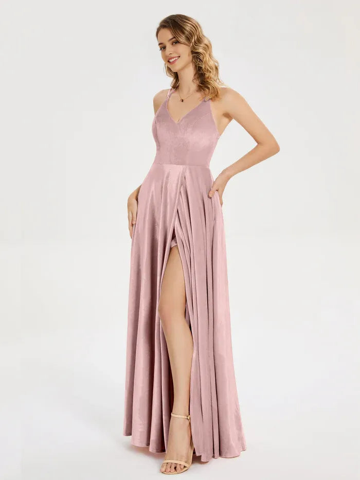 Dusty Rose Satin Halter Neck V-neck Straps with Slit Prom Dress with High Side Slit and Flowy A - Line Skirt