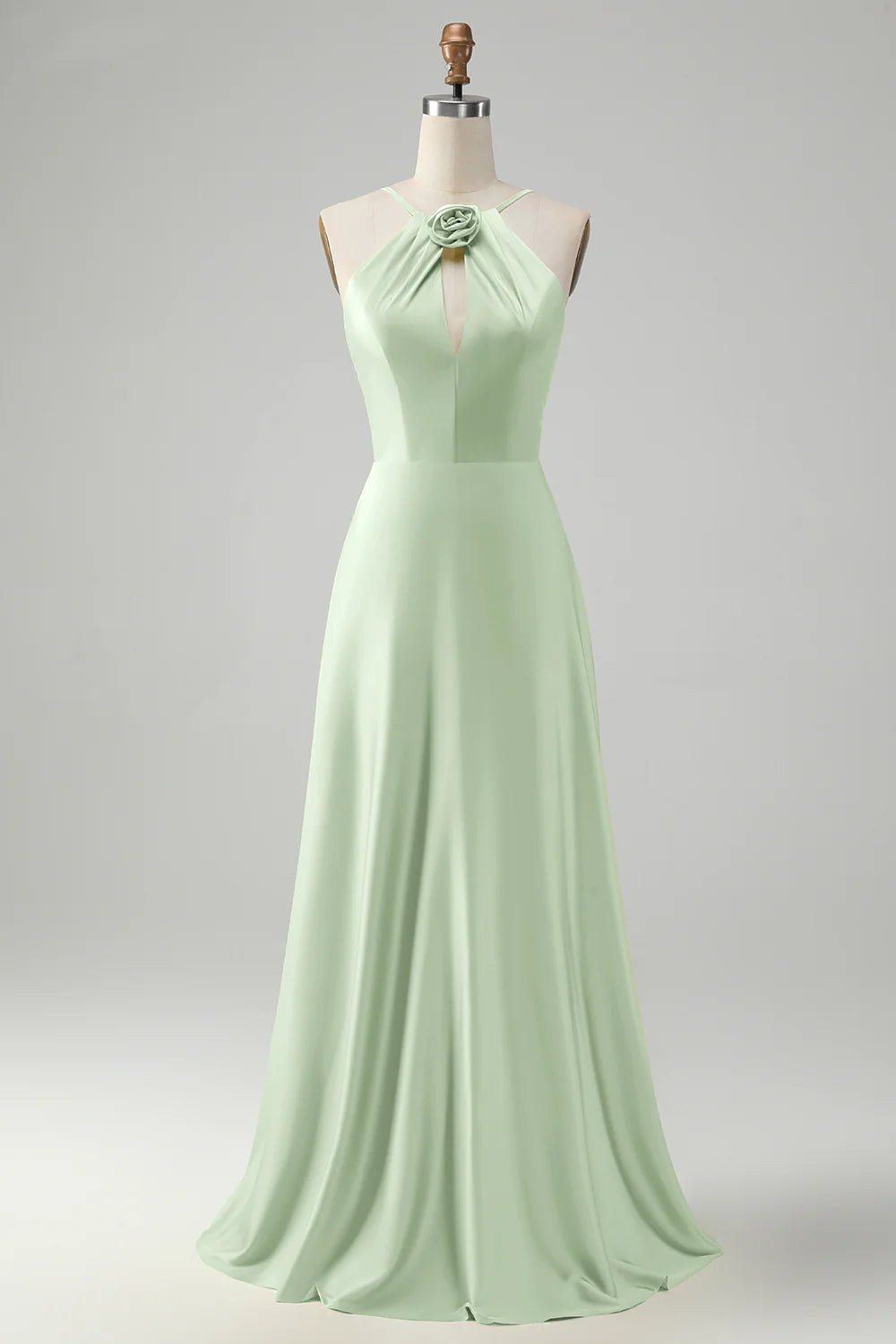 A-line hanging neck backless pleated long bridesmaid floral dress