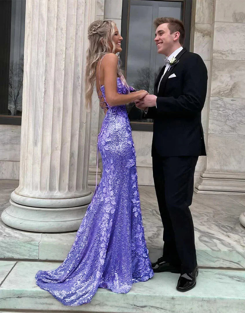 Sequin Side Slit Prom Dress with 3D Flowers