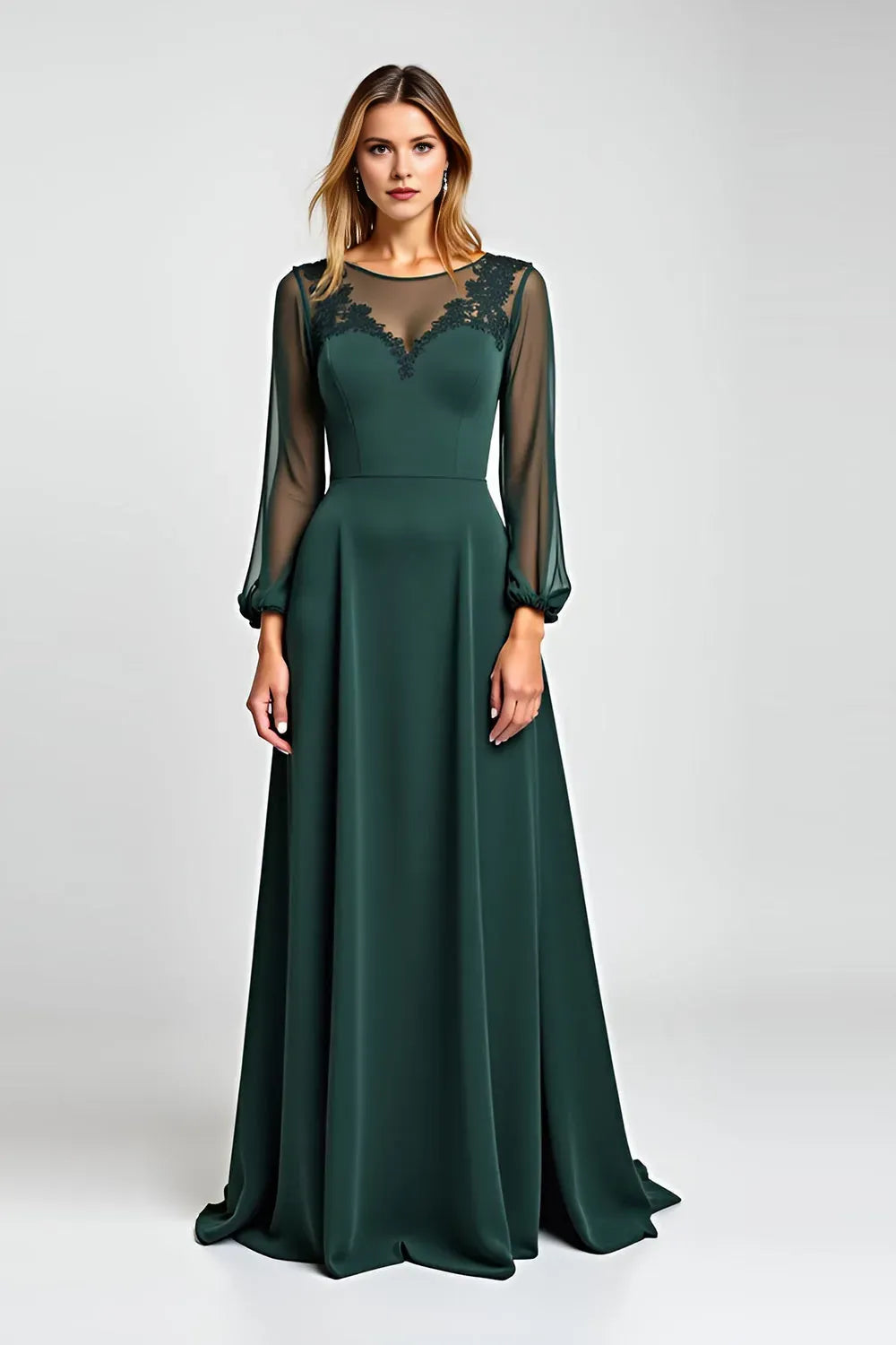Elegant A-Line Illusion Neck Long Sleeve Lace-Back Floor-Length Mother of the Bride Dress