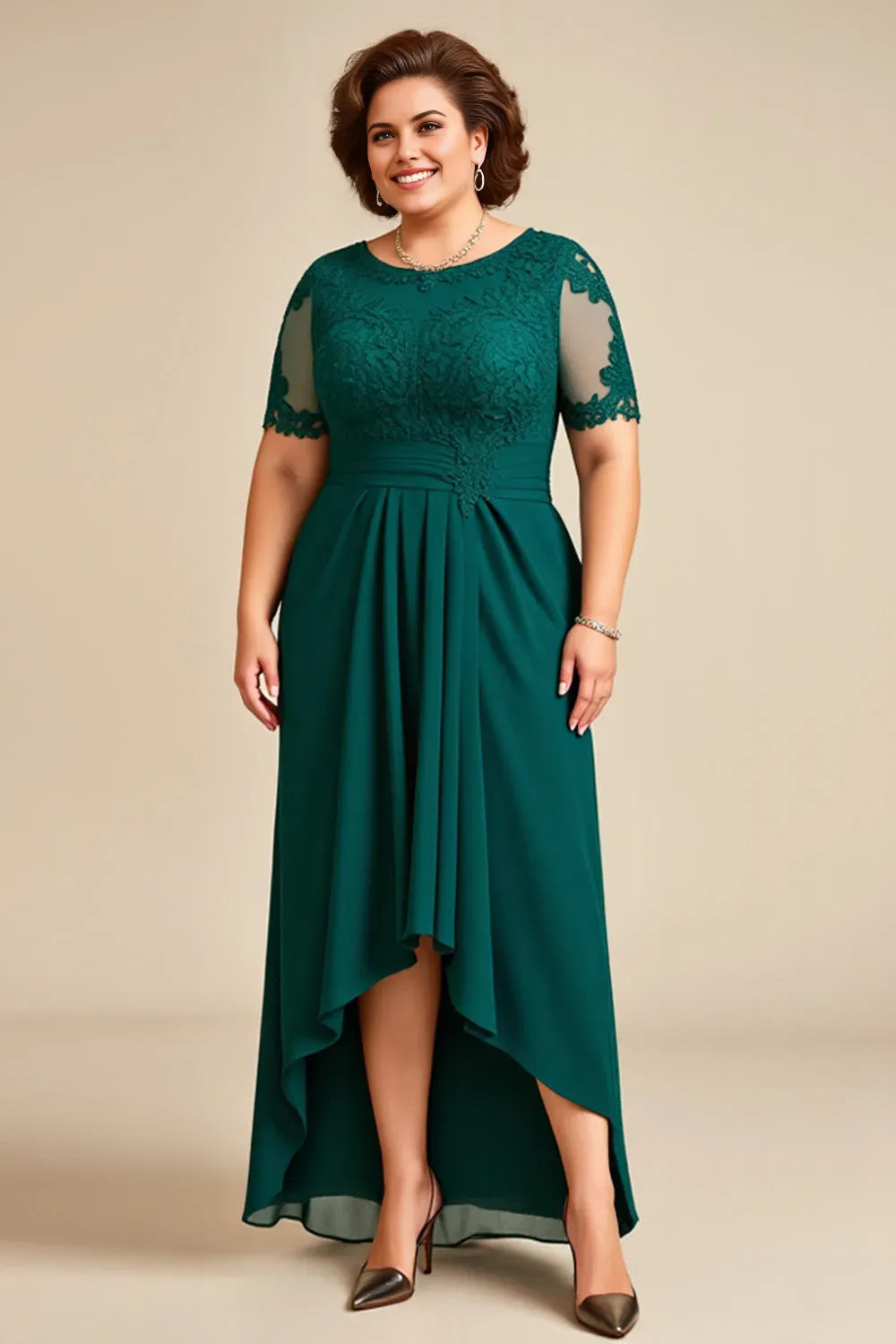 Elegant A-Line Round Neck Lace Appliqued Short Sleeve Back Zip High-Low Mother of the Bride Dress