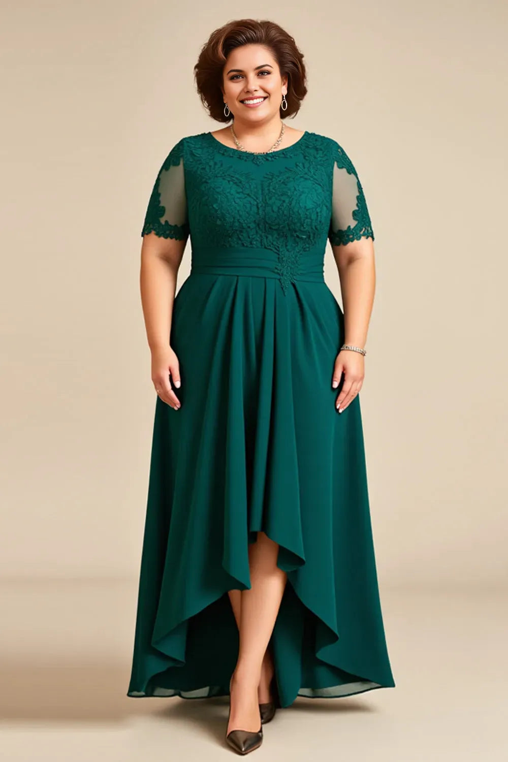 Elegant A-Line Round Neck Lace Appliqued Short Sleeve Back Zip High-Low Mother of the Bride Dress