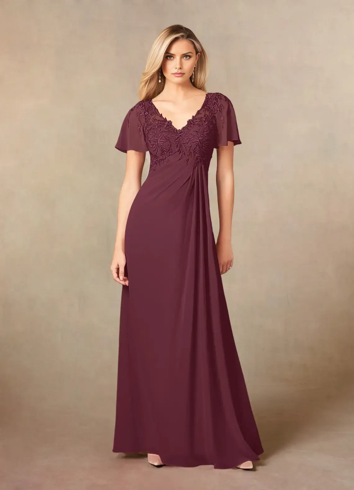 Elegant A-Line V-Neck Lace Flutter Sleeve Illusion Back Zip Floor-Length Mother of the Bride Dress for women hot sale