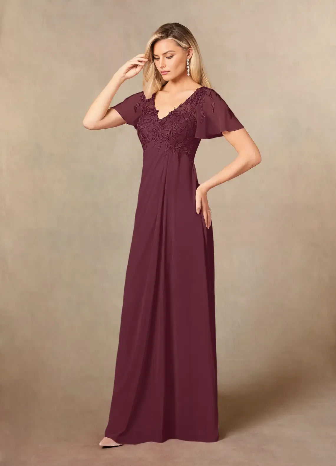 Elegant A-Line V-Neck Lace Flutter Sleeve Illusion Back Zip Floor-Length Mother of the Bride Dress for women hot sale