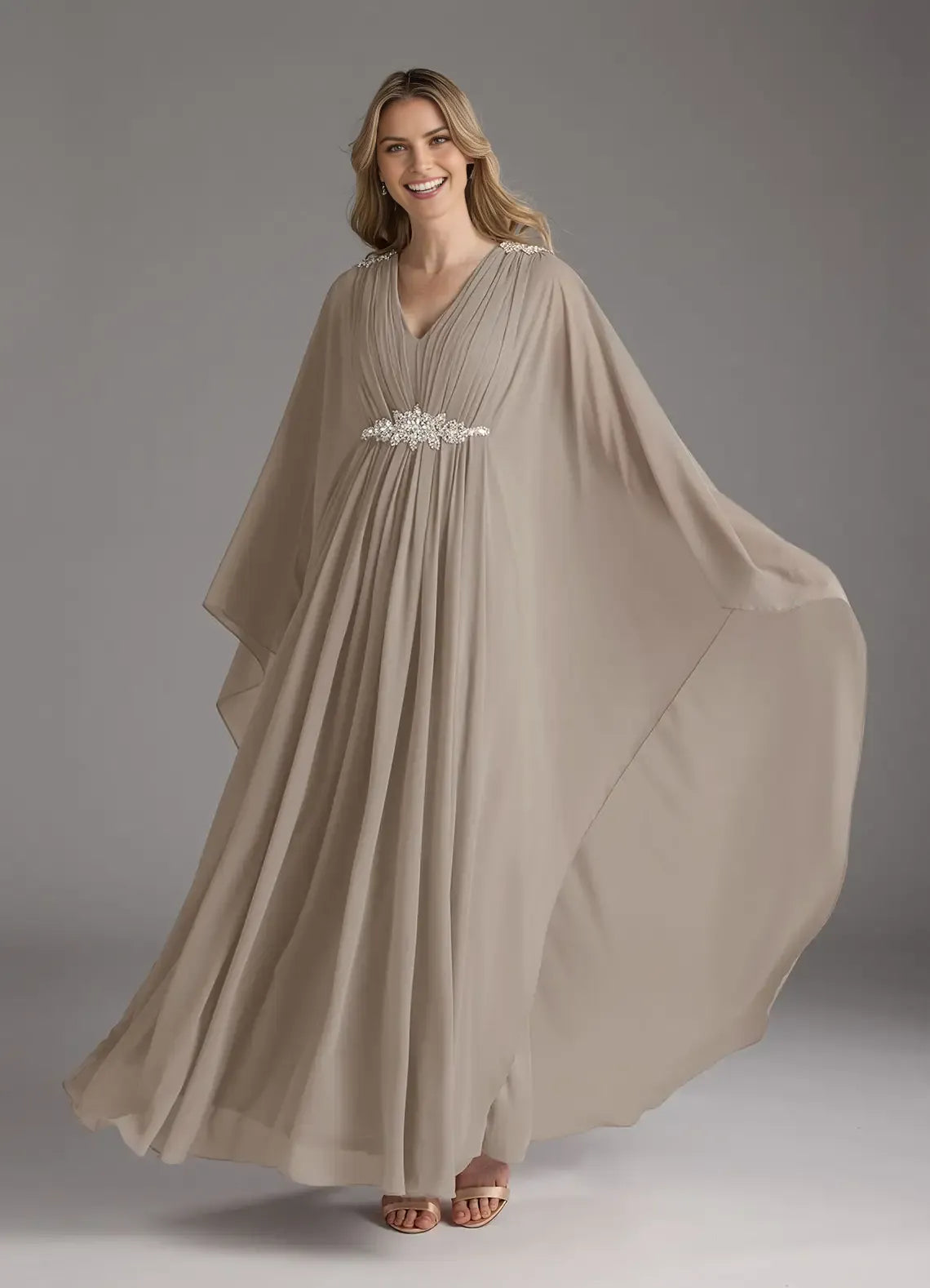 Elegant A-Line V-Neck Long Sleeves Cape Beaded Back Zip Floor-Length Mother of the Bride Dress hot sale