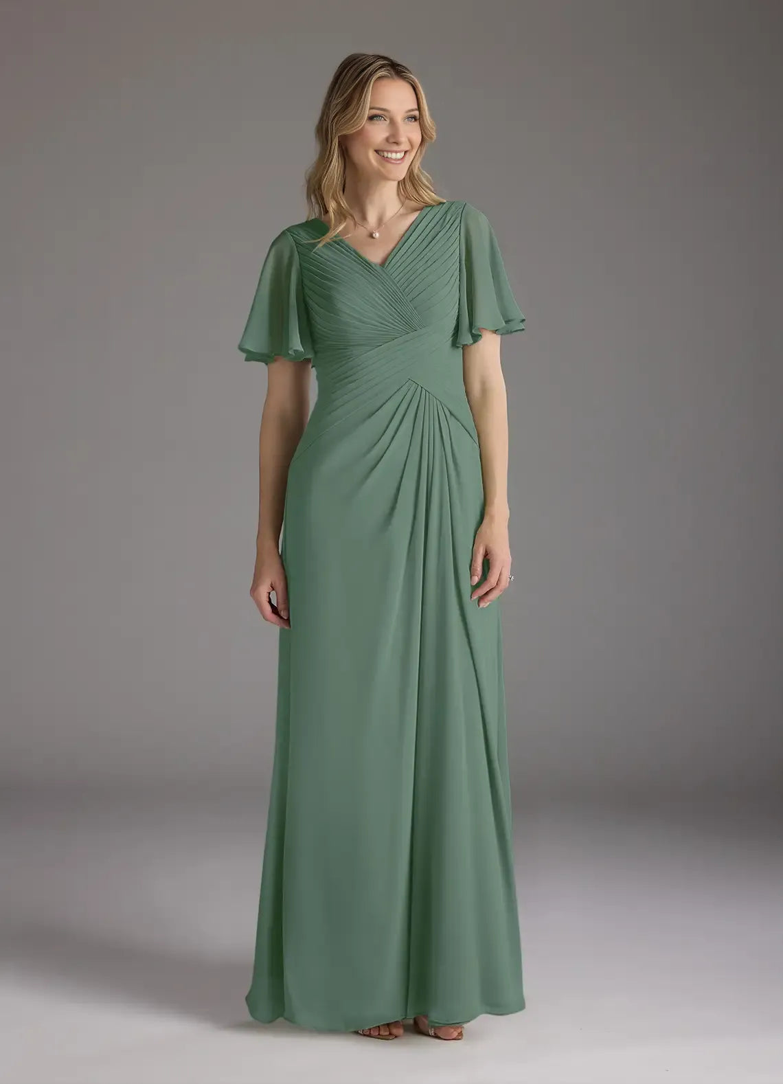 Elegant A-Line V-Neck Ruched Chiffon Flutter Sleeve Back Zip Floor-Length Mother of the Bride Dress for women Custom