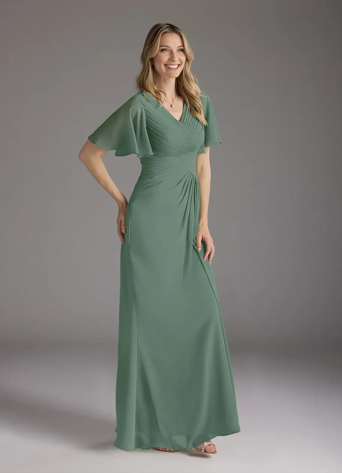 Elegant A-Line V-Neck Ruched Chiffon Flutter Sleeve Back Zip Floor-Length Mother of the Bride Dress for women Custom