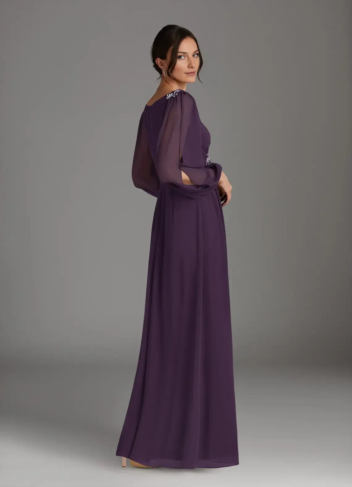 Elegant A-Line V-Neck Sequins Chiffon Long Sleeves Back Zip Floor-Length Mother of the Bride Dress for mother of the bride hot sale