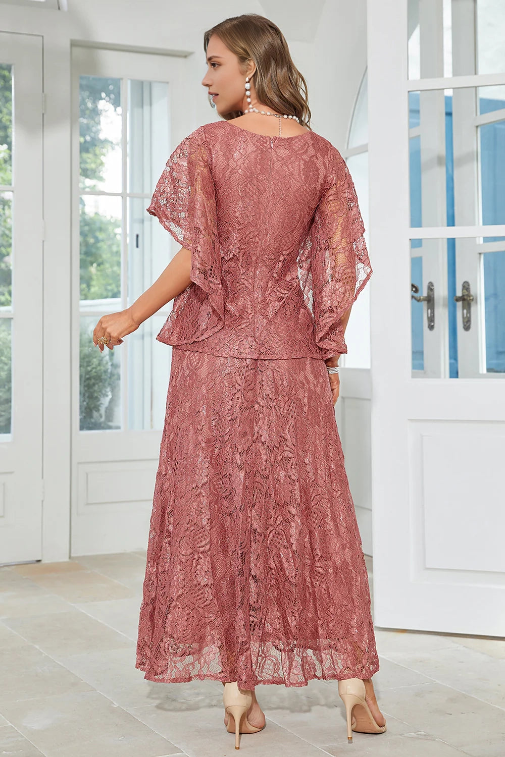 Elegant A-line round neck floor length lace bridal mother outfit
