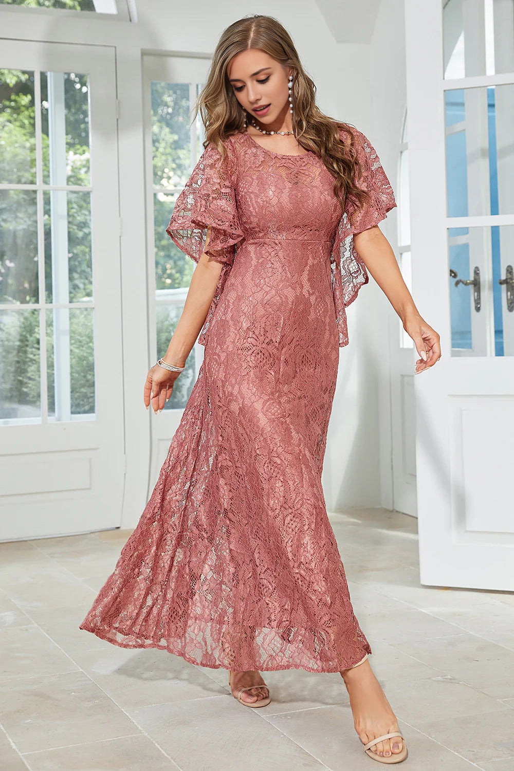 Elegant A-line round neck floor length lace bridal mother outfit