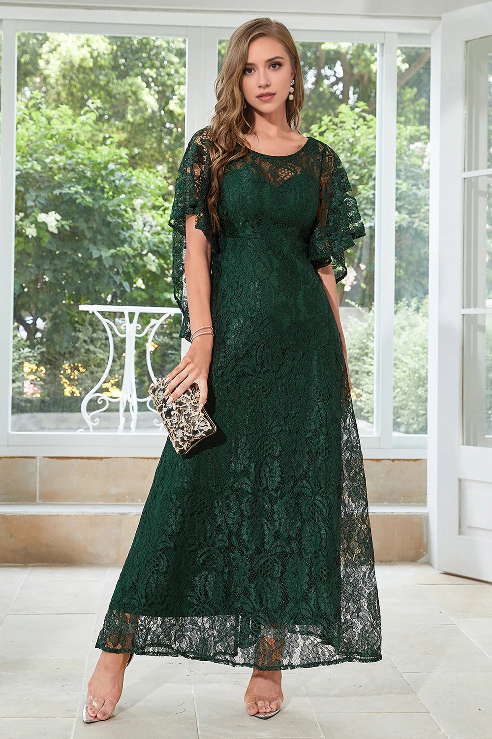 Elegant A-line round neck floor length lace bridal mother outfit