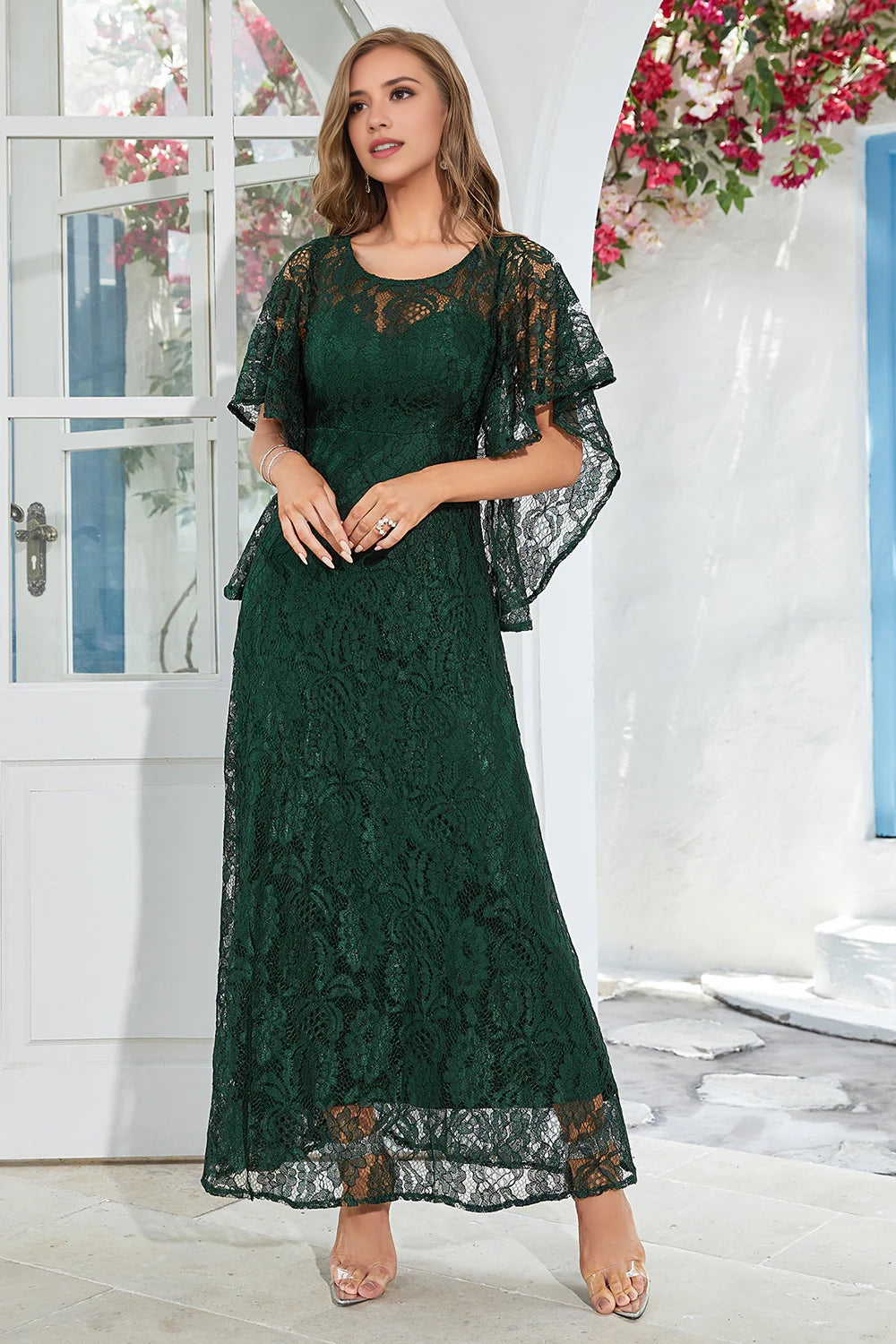 Elegant A-line round neck floor length lace bridal mother outfit