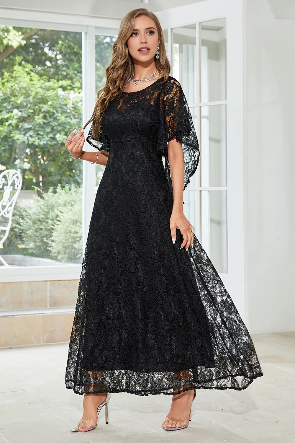 Elegant A-line round neck floor length lace bridal mother outfit