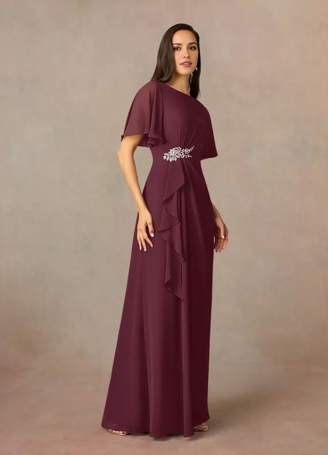 Elegant Beaded Chiffon Scoop Neck Flutter Sleeve Back Zip Floor-Length Mother of the Bride Dress hot sale