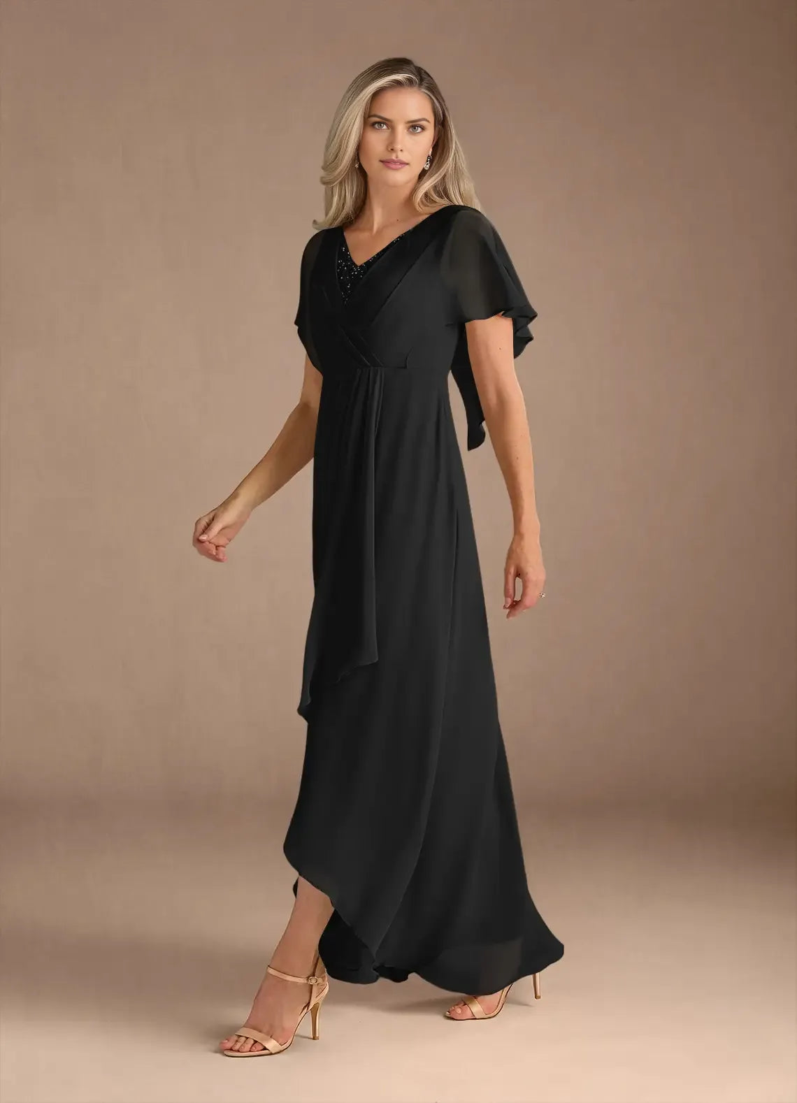 Elegant Black A-Line V-Neck Flutter Sleeve Back Zip Asymmetrical Mother of the Bride Dress for women hot sale
