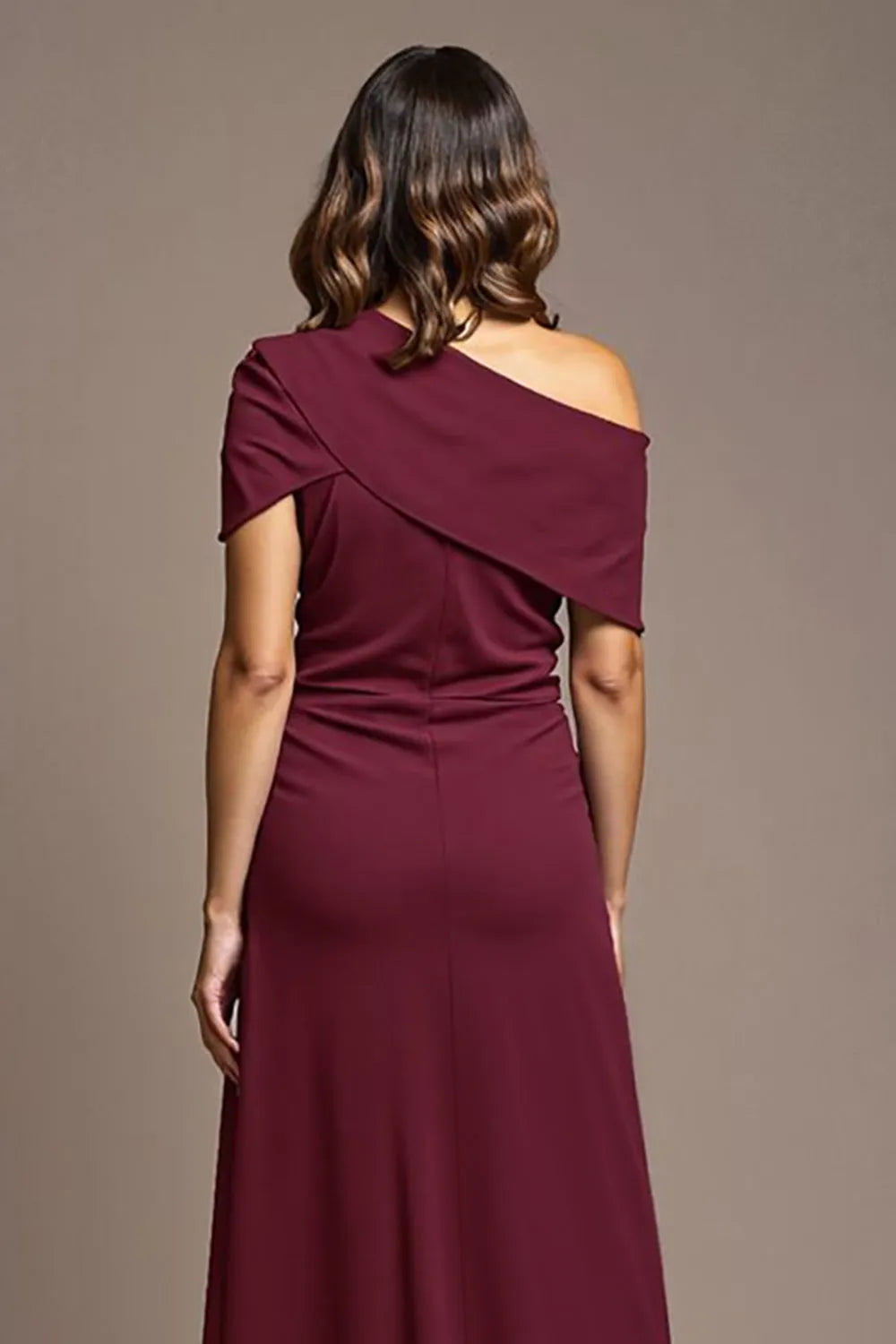 Elegant Burgundy Sheath One-Shoulder Ruched High Slit Mother of the Bride Dress female guests