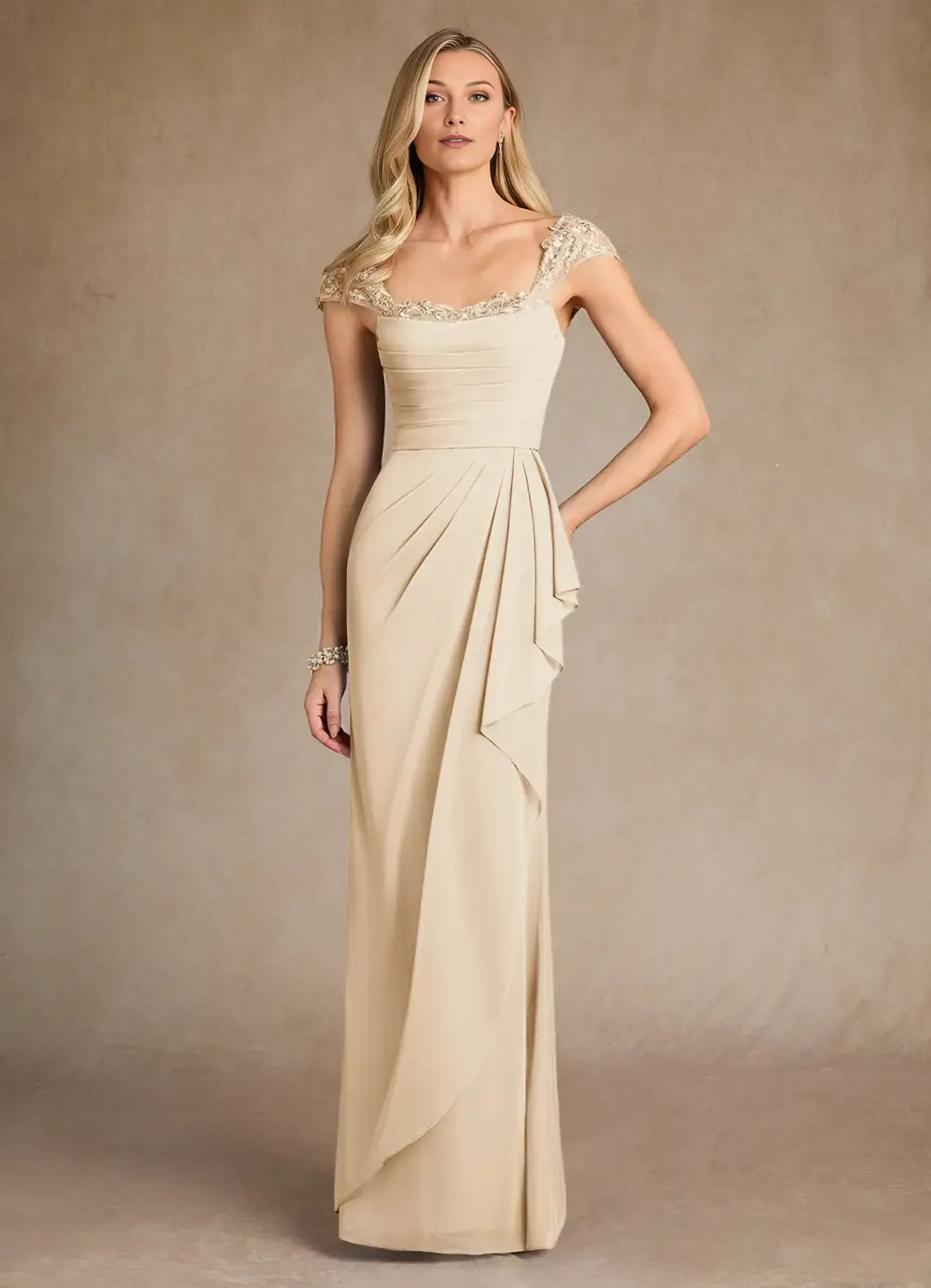 Elegant Champagne Sheath Lace Sweetheart Cap Sleeves Back Zip Floor-Length Mother of the Bride Dress for women hot sale