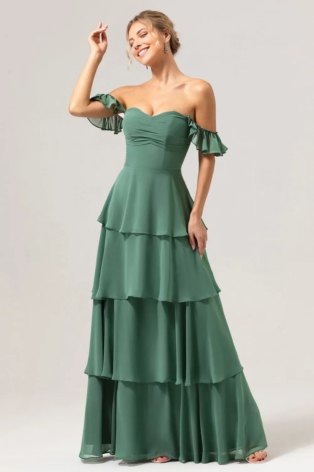 Elegant Chiffon A-Line Off-Shoulder Ruffle Sleeve Back Zip Floor-Length Prom Dresses with layered