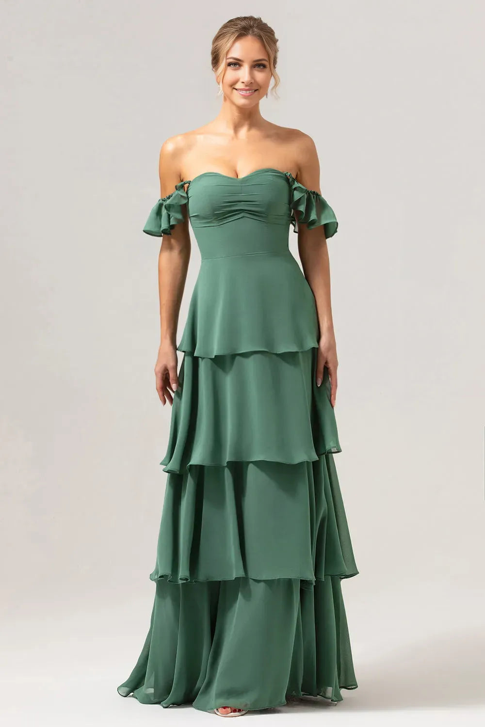 Elegant Chiffon A-Line Off-Shoulder Ruffle Sleeve Back Zip Floor-Length Prom Dresses with layered