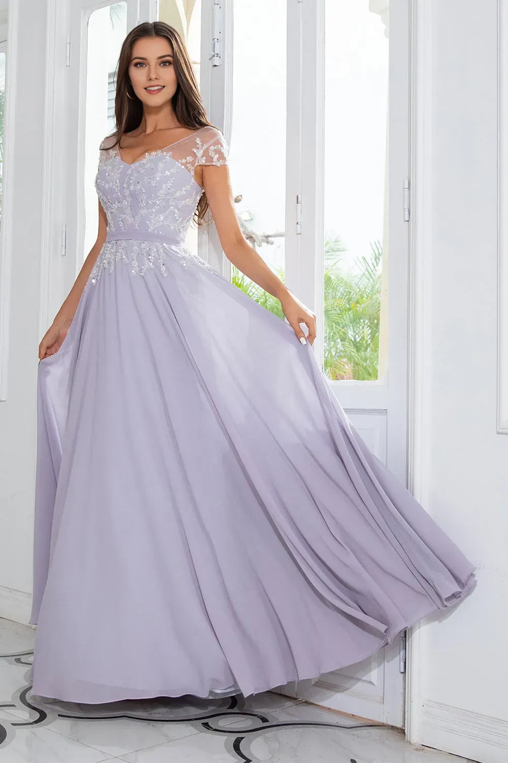 Elegant Chiffon V Neck Lilac Illusion Neckline Beaded Chiffon Mother of the Bride Dress for ladies