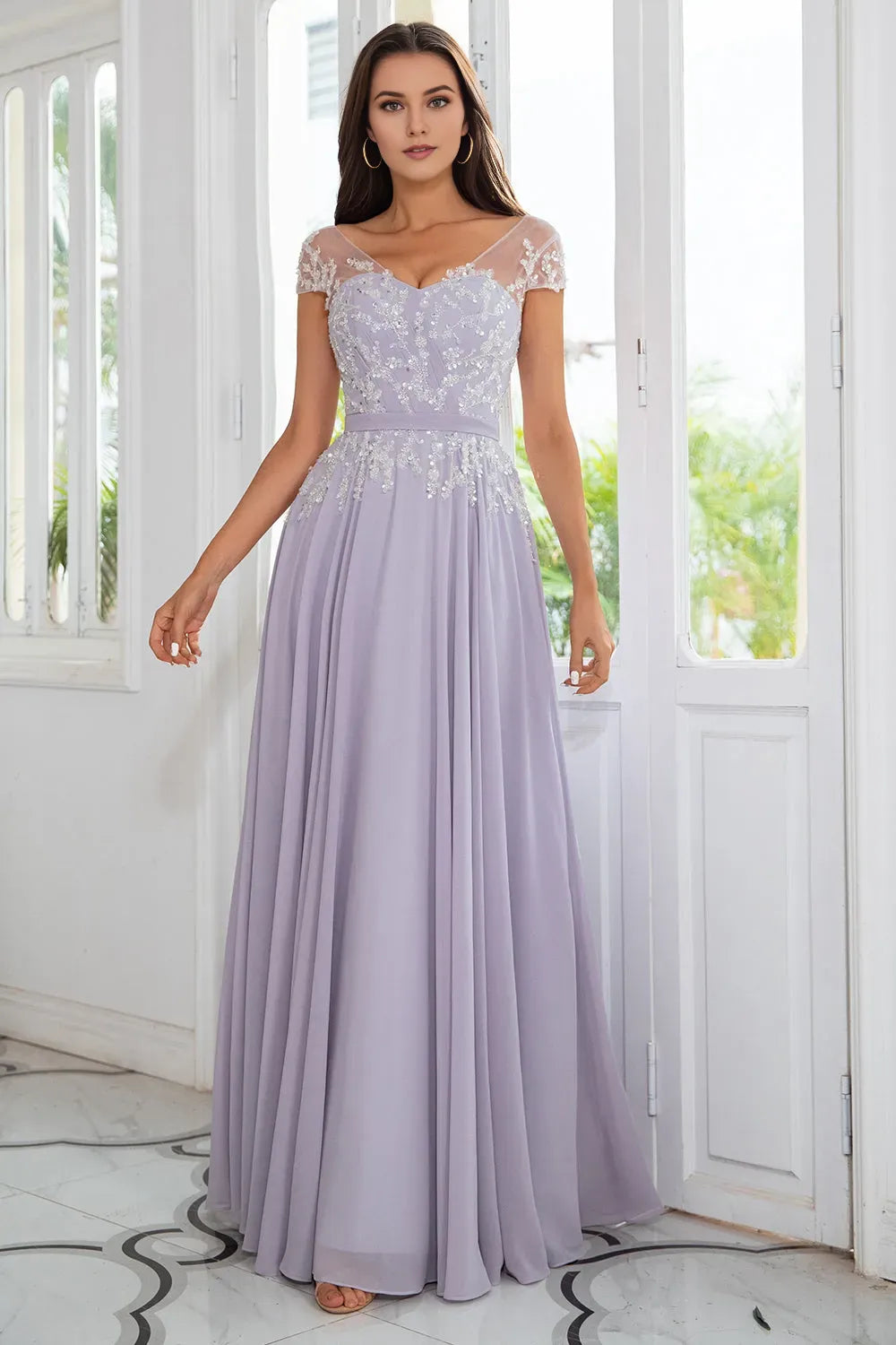 Elegant Chiffon V Neck Lilac Illusion Neckline Beaded Chiffon Mother of the Bride Dress for ladies