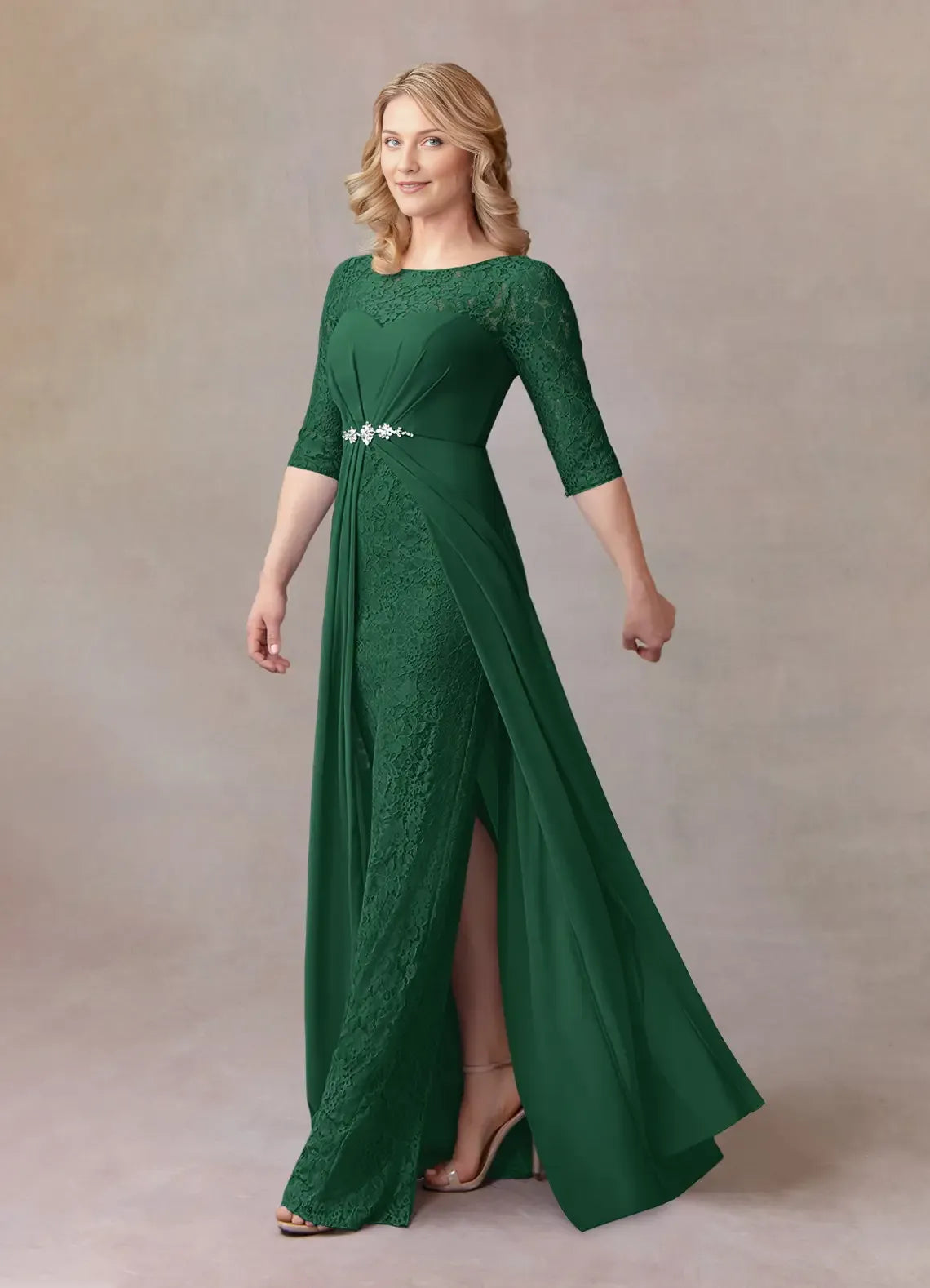Elegant Dark Green A-Line Scoop Neck Three-Quarter Sleeve Back Zip Floor-Length Side Leg Slit Mother of the Bride Dress for ladies for sale