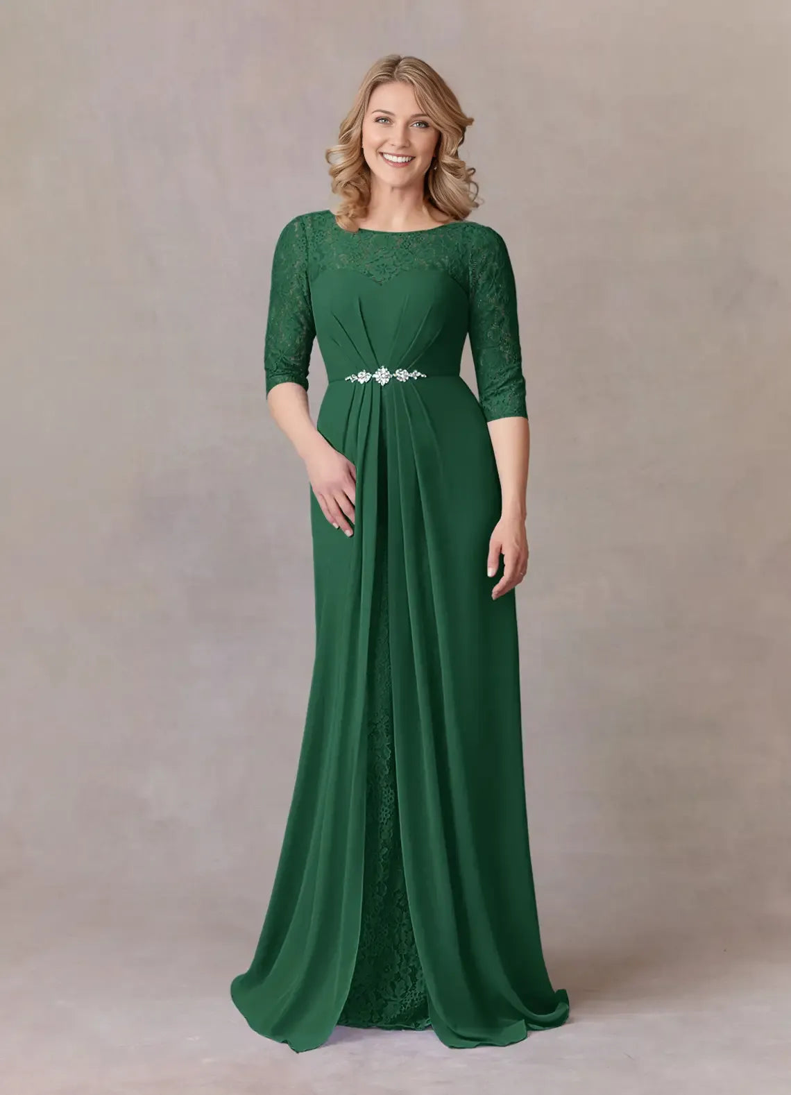 Elegant Dark Green A-Line Scoop Neck Three-Quarter Sleeve Back Zip Floor-Length Side Leg Slit Mother of the Bride Dress for ladies for sale