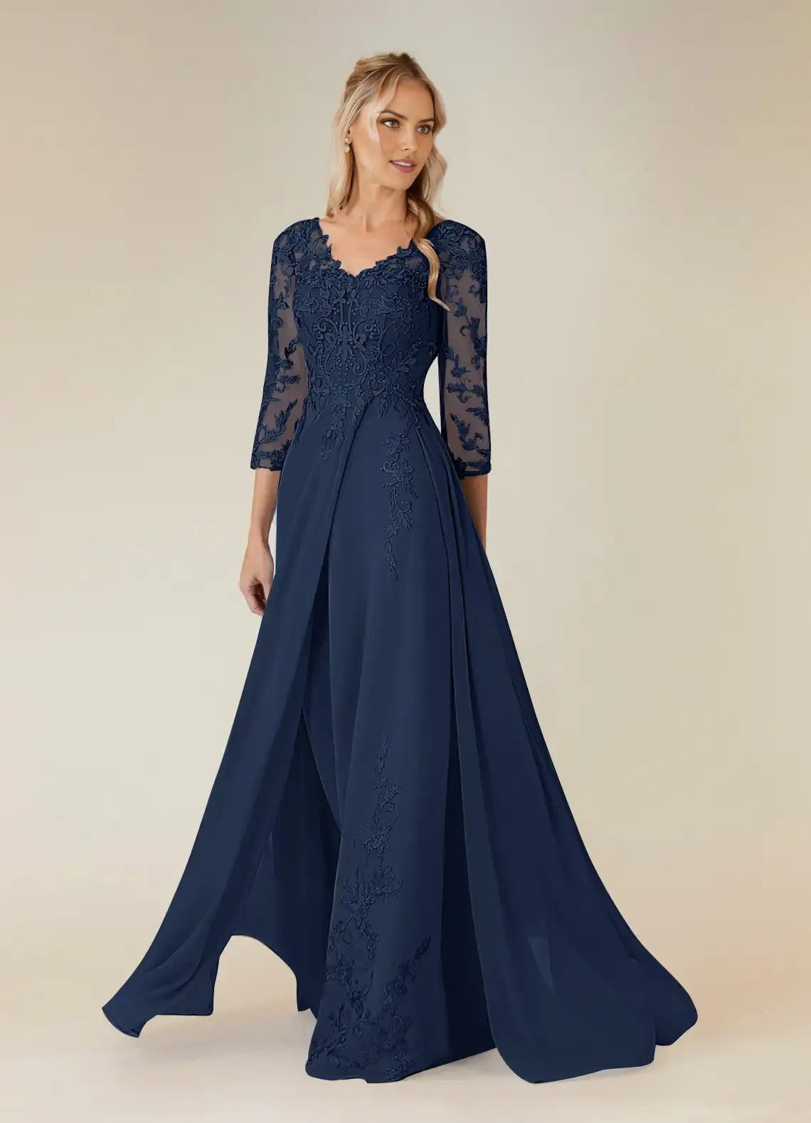 Elegant Dark Navy A-Line Lace V-Neck Three-Quarter Sleeve Illusion Back Zip Floor-Length Mother of the Bride Dress hot sale